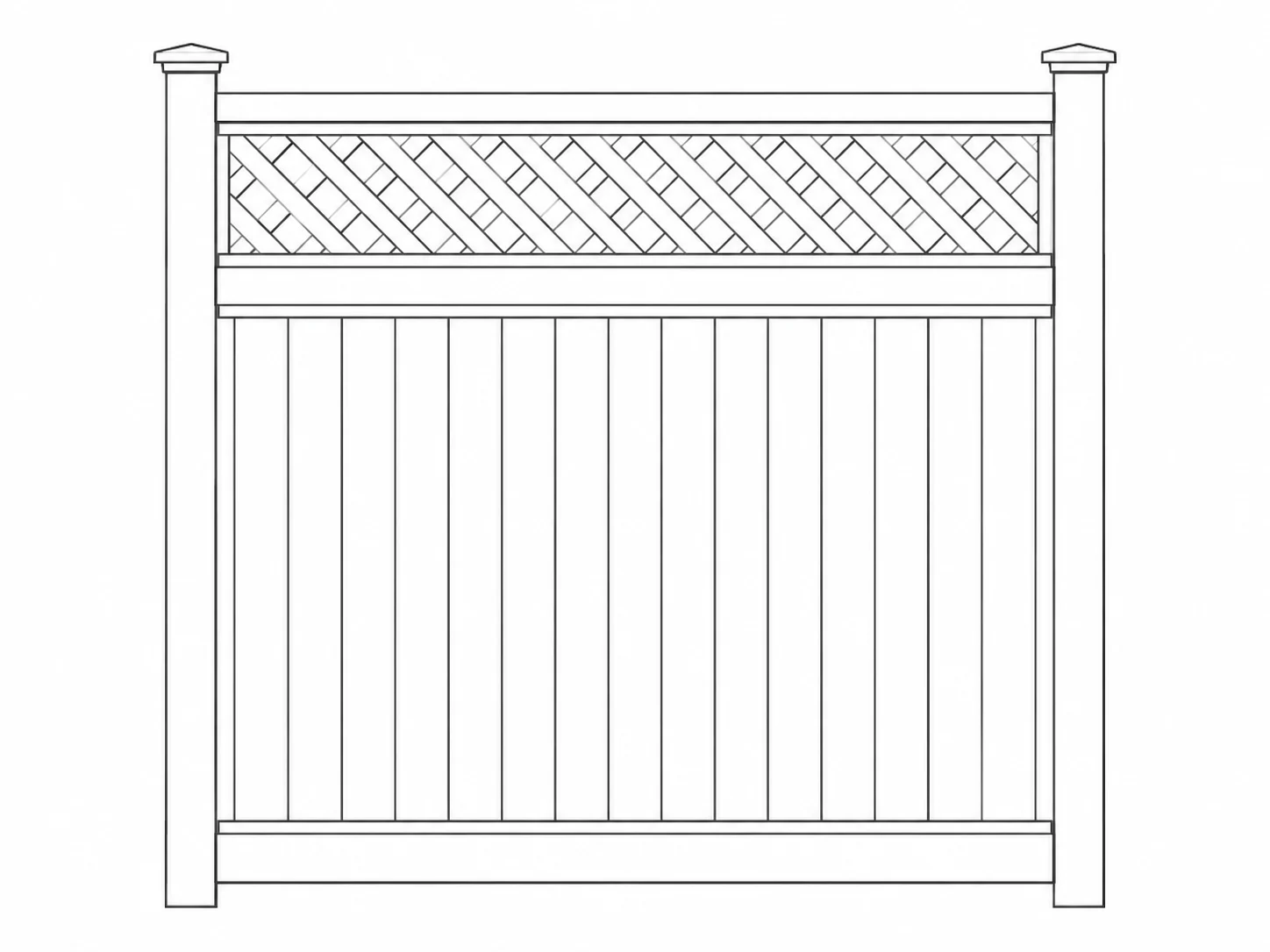Decorative fence gate with lattice panel at the top between two posts and vertical pickets below (black-and-white line drawing).