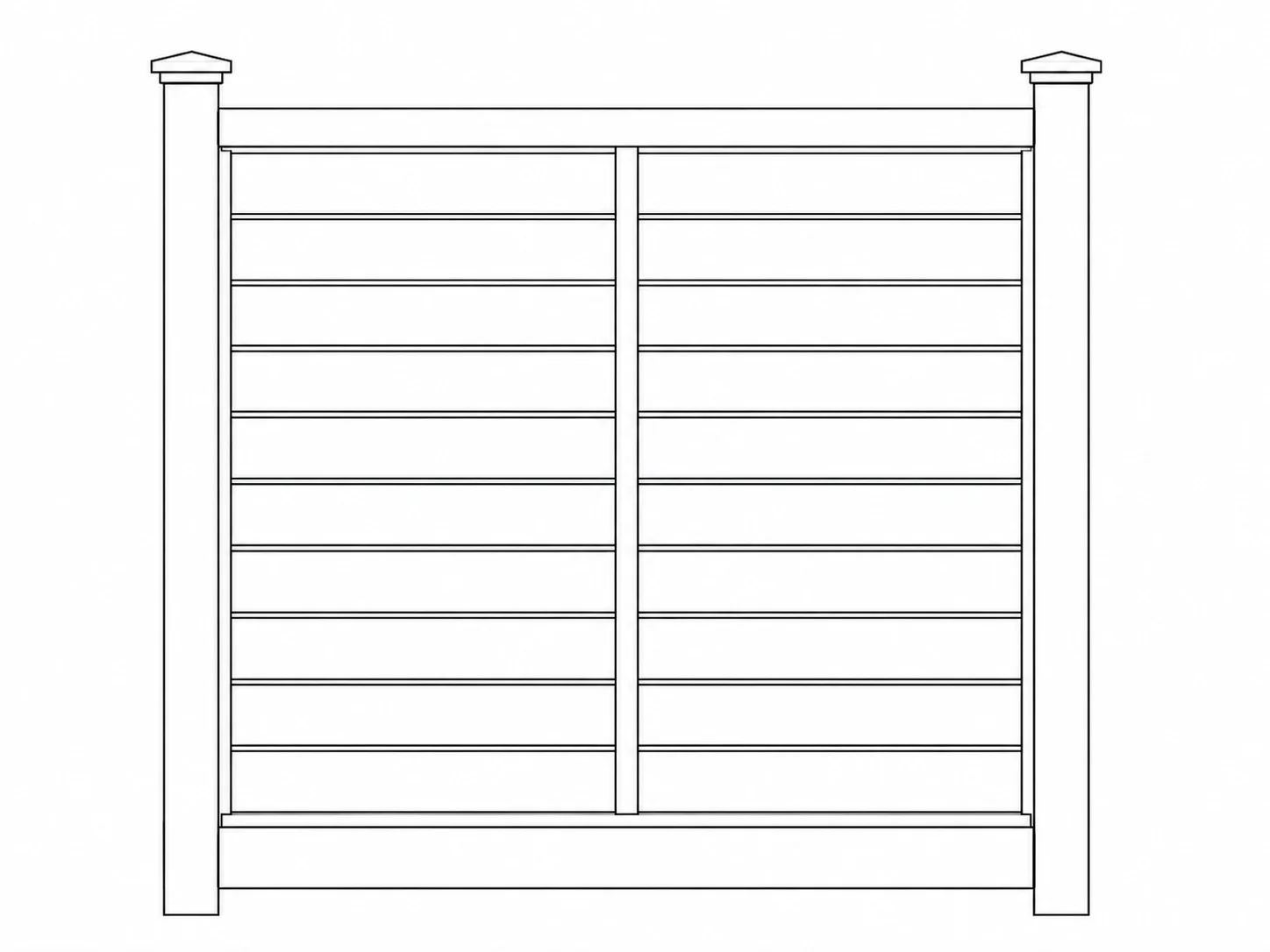 Wooden gate with horizontal slats between two sturdy posts, forming a privacy gate