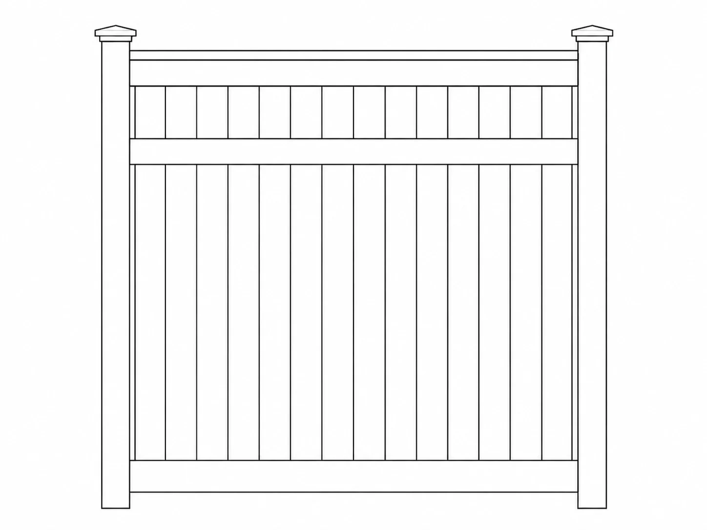 Front view of a wooden fence gate with evenly spaced vertical slats between two sturdy posts with cap tops.