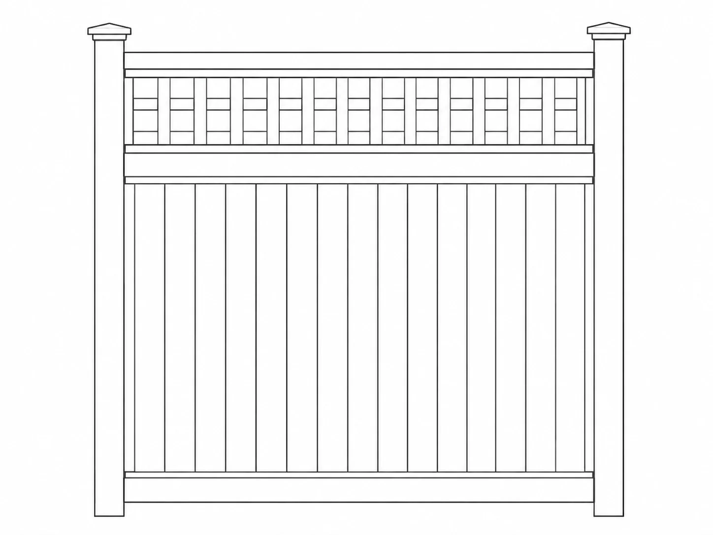 Line drawing of a tall wooden privacy gate with vertical slats between two sturdy posts with caps on top railings.