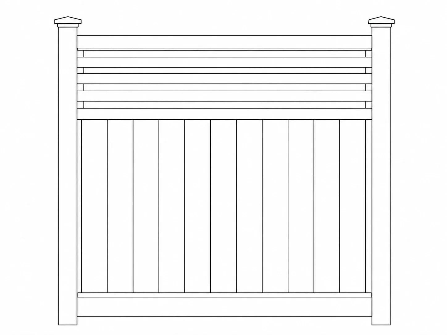 Front view of a wooden picket fence with tall posts on each side and evenly spaced vertical slats between them in a line drawing.