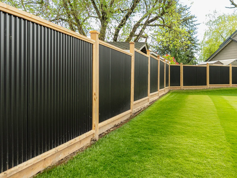 Tall black privacy fence with wooden posts running along a green lawn in a suburban backyard.