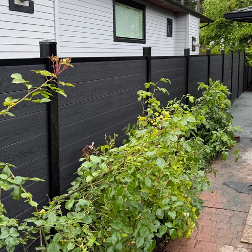 Black privacy fence along a brick-paved walkway beside a light-gray house, with green shrubs growing up against it.