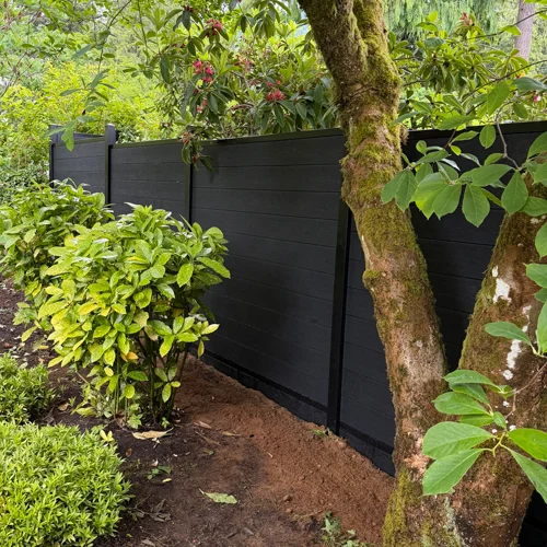 Backyard garden scene with a tall black privacy fence, neatly trimmed shrubs, and a mossy tree trunk on the right.